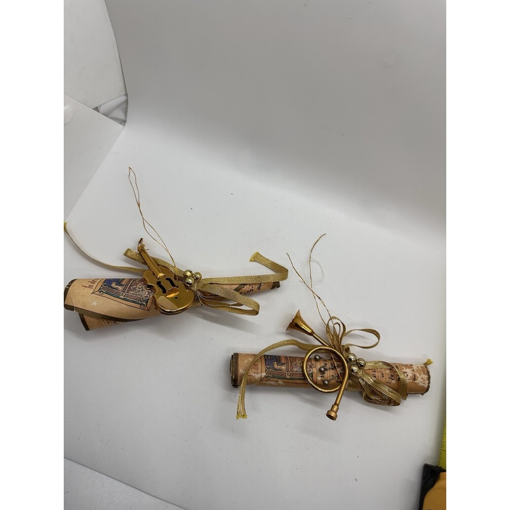 Vintage Music Scroll Christmas Ornaments Gold Instrument Violin Horn Set of 2